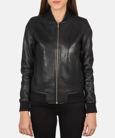 Utopia Black Leather Bomber Jacket Womens